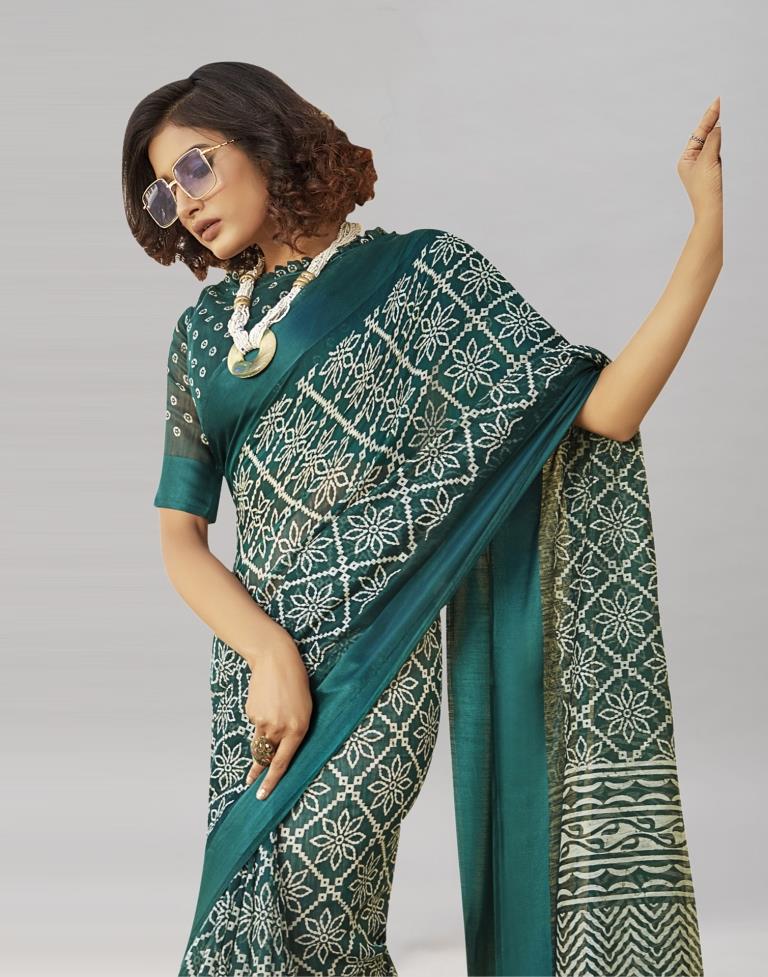 Teal Blue Cotton Printed Saree | Sudathi