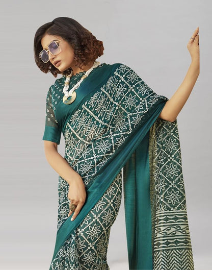 Teal Blue Cotton Printed Saree | Sudathi