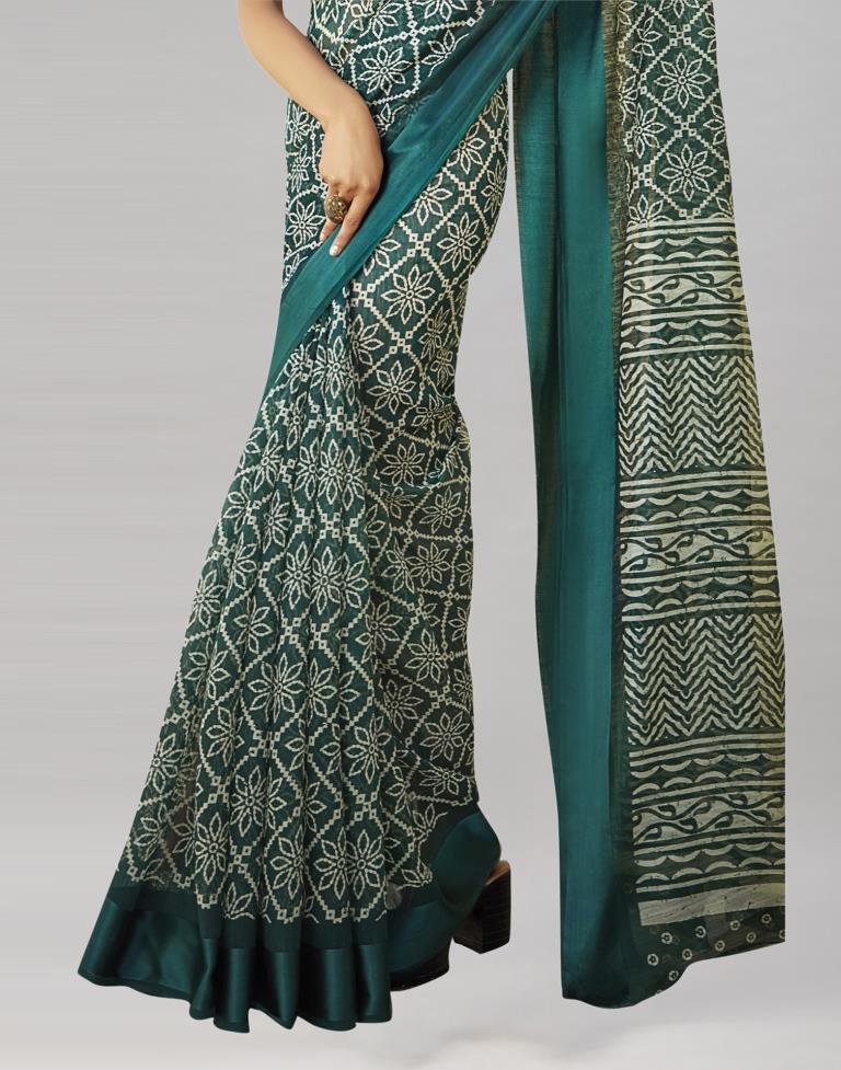 Teal Blue Cotton Printed Saree | Sudathi