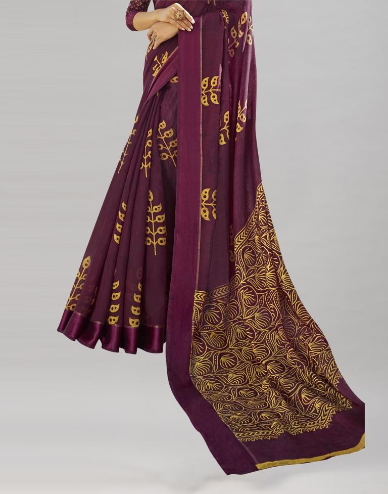 Wine Cotton Printed Saree | Sudathi