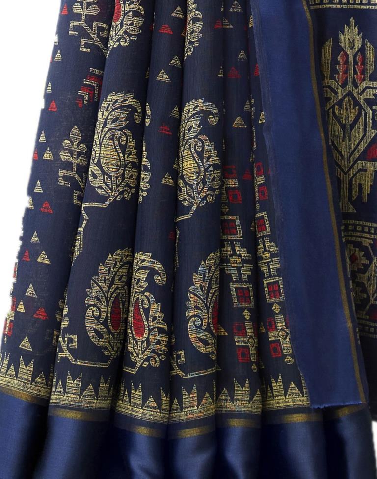 Navy Blue Cotton Printed Saree | Sudathi