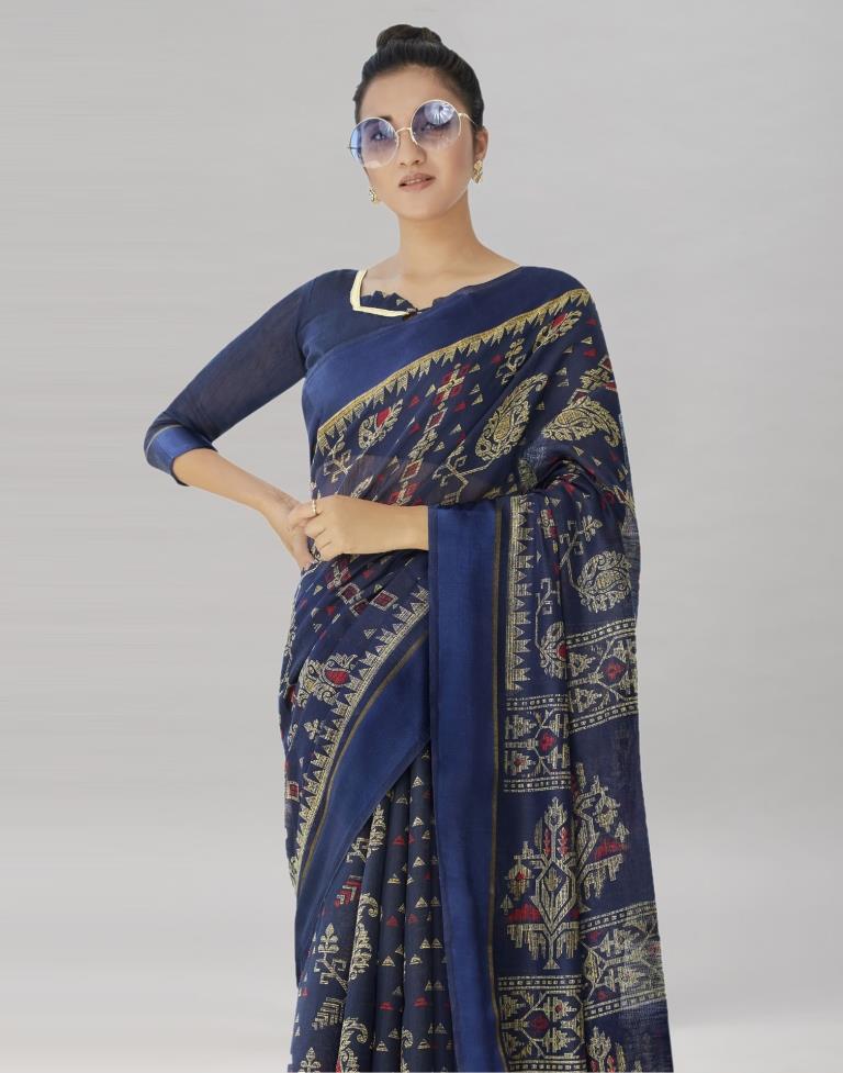 Navy Blue Cotton Printed Saree | Sudathi