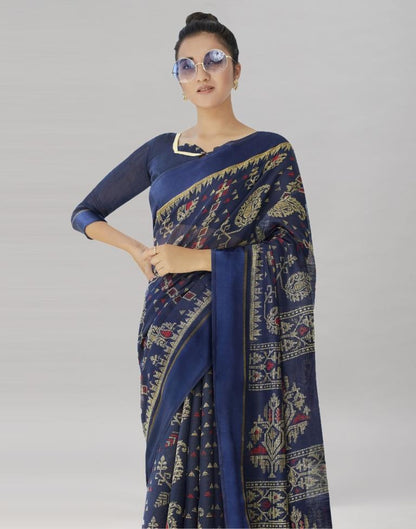 Navy Blue Cotton Printed Saree | Sudathi