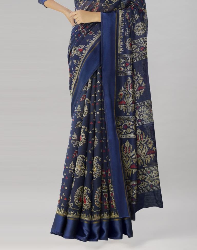 Navy Blue Cotton Printed Saree | Sudathi