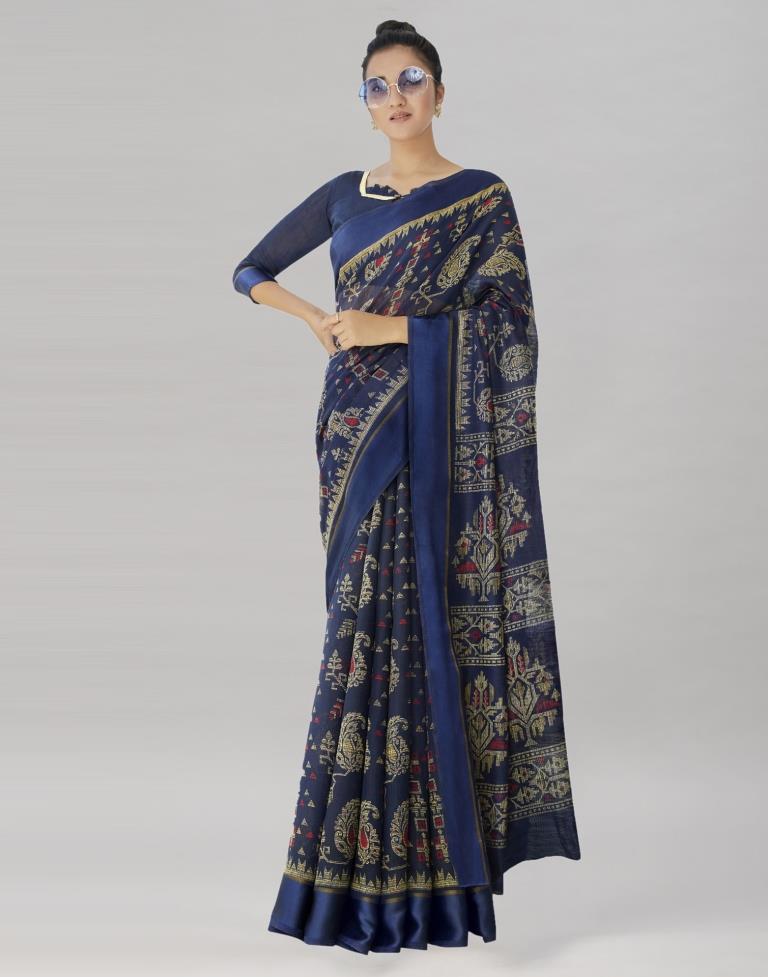 Navy Blue Cotton Printed Saree | Sudathi