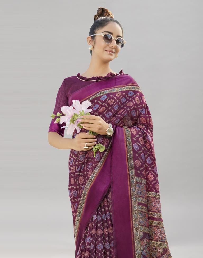 Wine Cotton Printed Saree | Sudathi