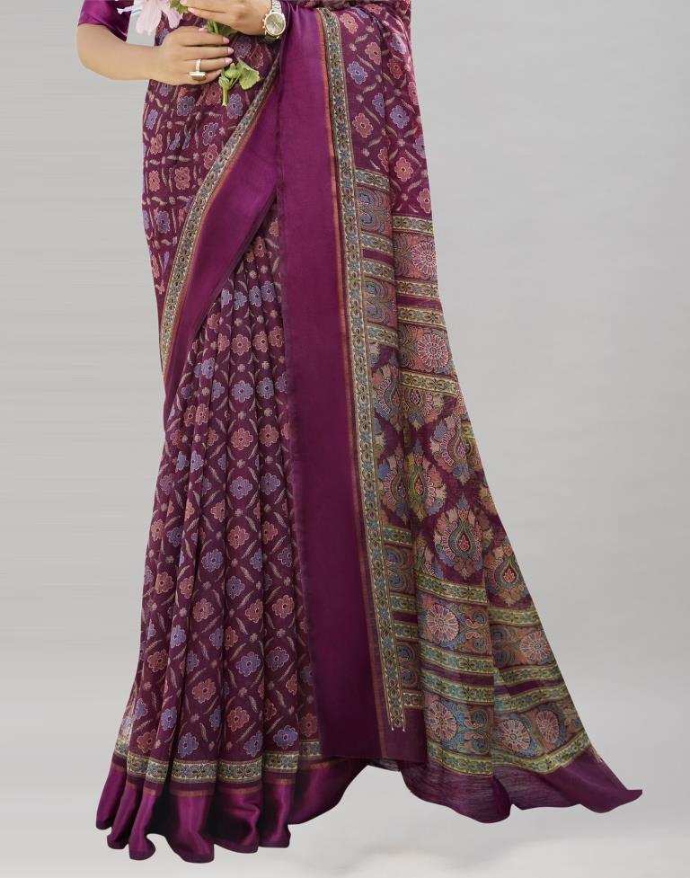 Wine Cotton Printed Saree | Sudathi