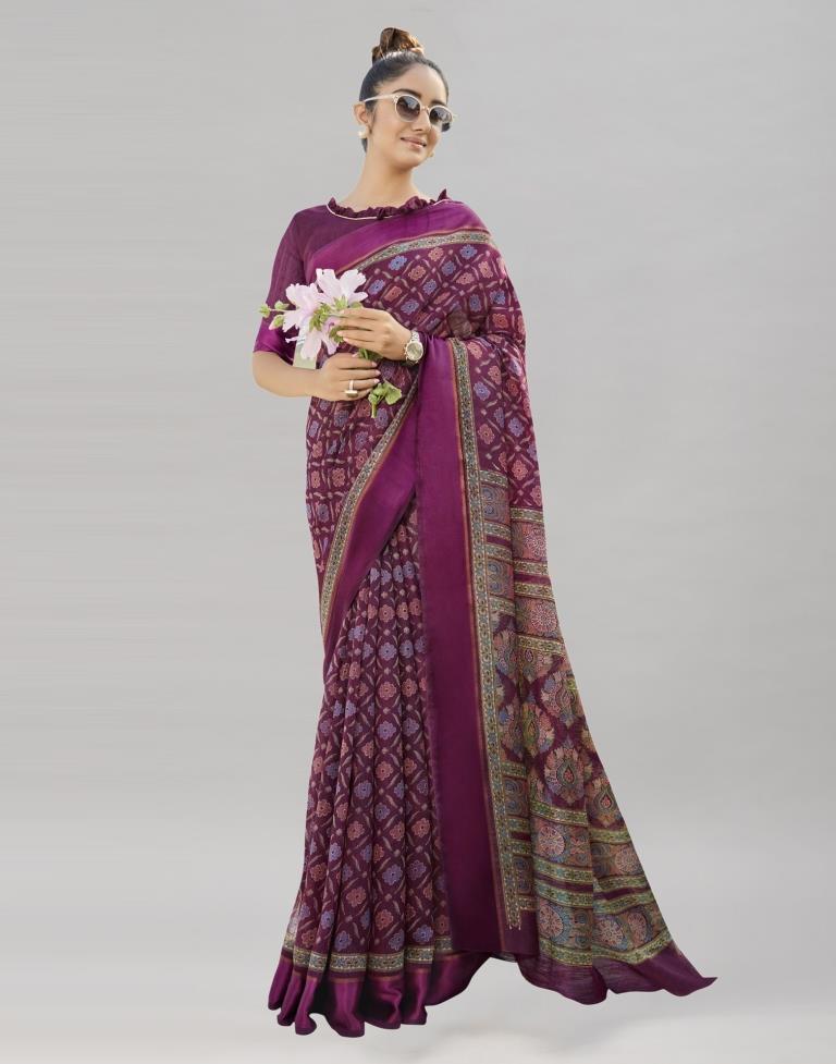 Wine Cotton Printed Saree | Sudathi