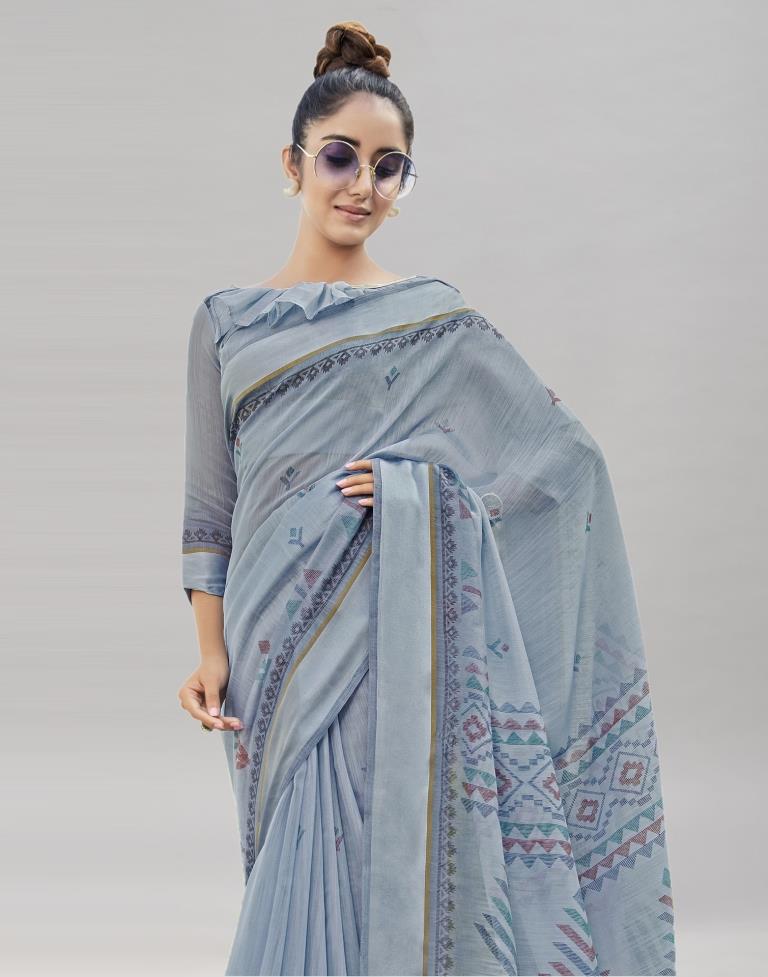 Slate Grey Cotton Printed Saree | Sudathi