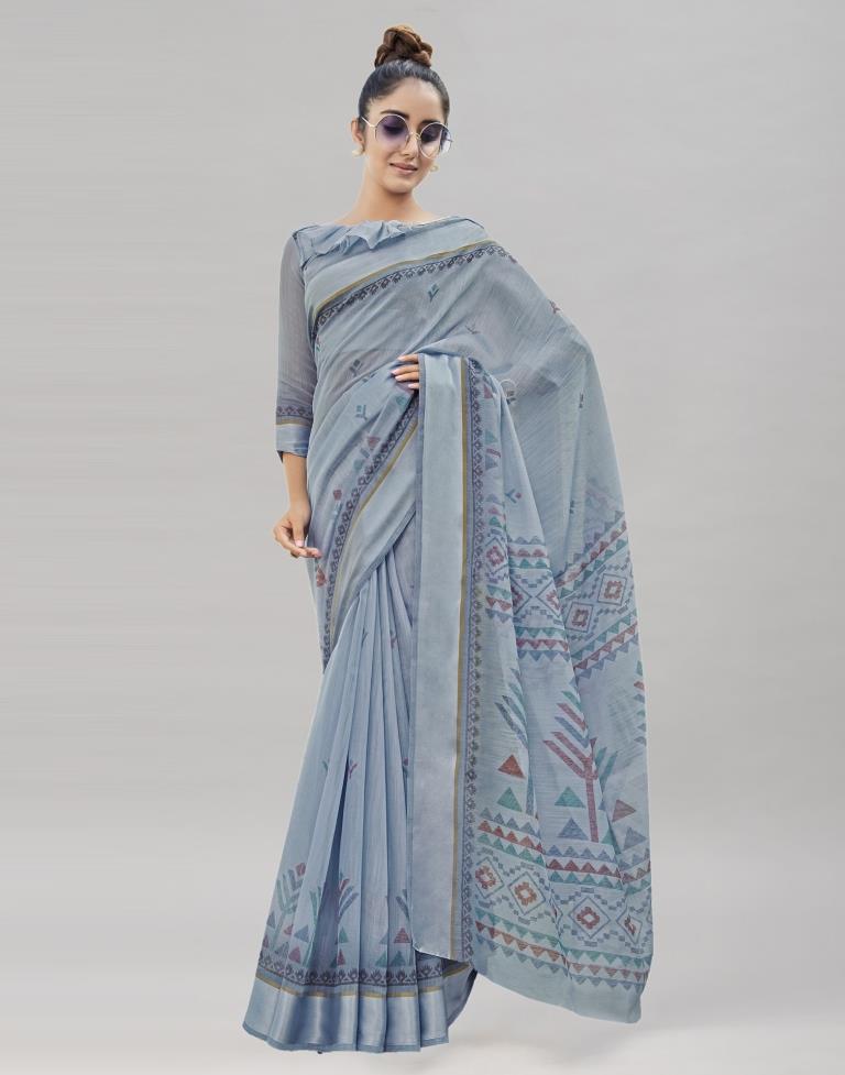 Slate Grey Cotton Printed Saree | Sudathi