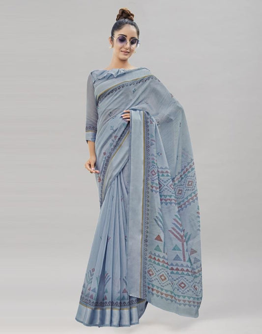 Slate Grey Cotton Printed Saree | Sudathi
