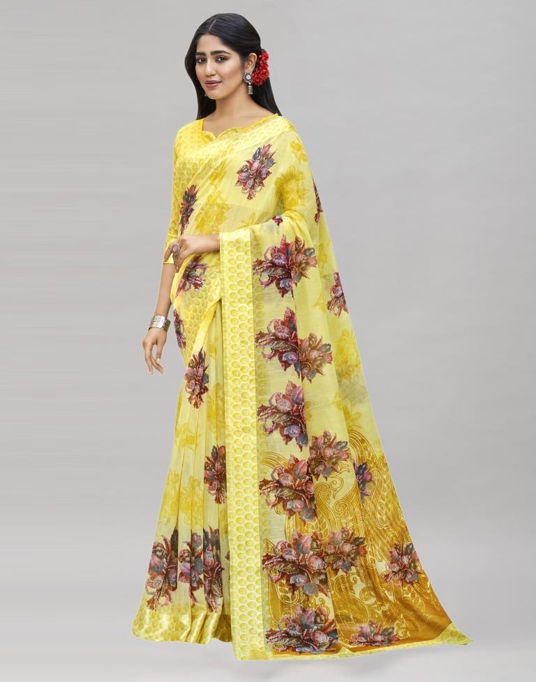 Yellow Cotton Printed Saree | Sudathi