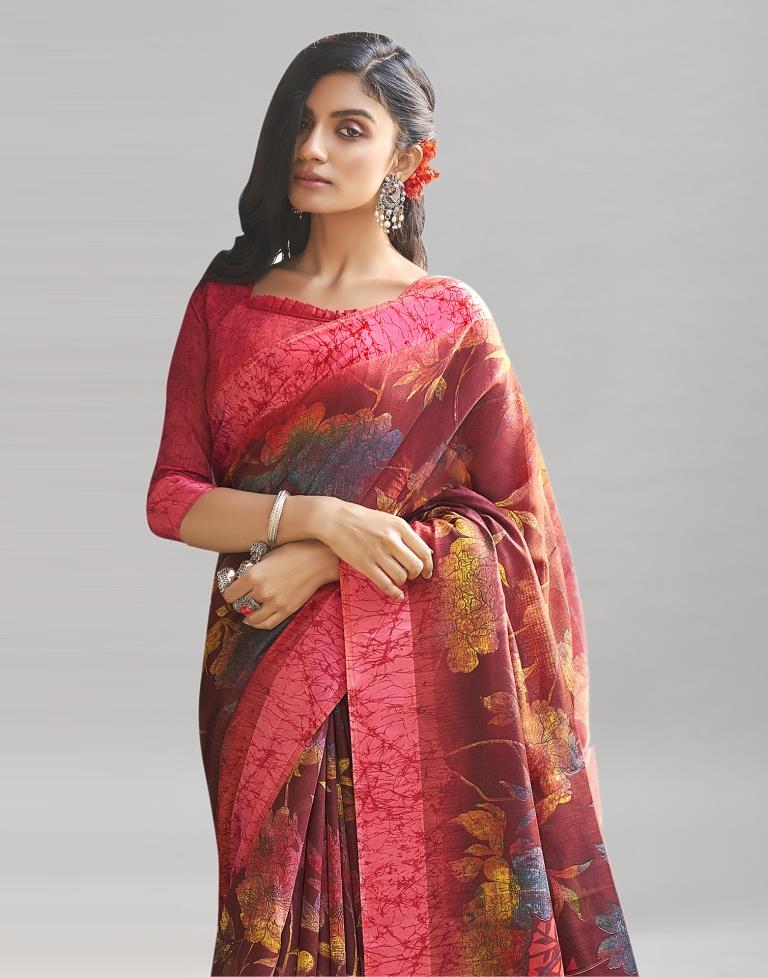 Maroon Cotton Printed Saree | Sudathi