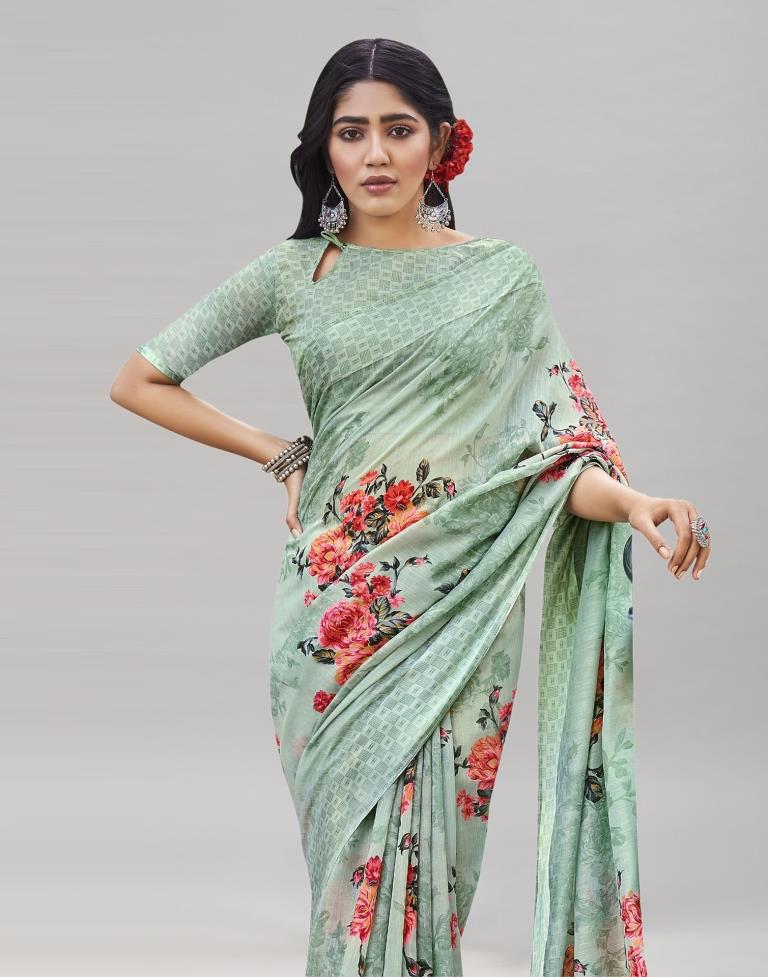 Pista Cream Cotton Printed Saree | Sudathi