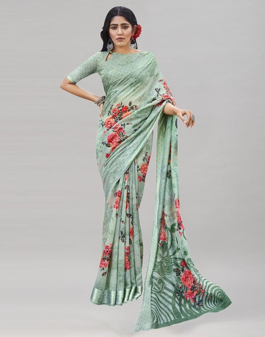 Pista Cream Cotton Printed Saree | Sudathi