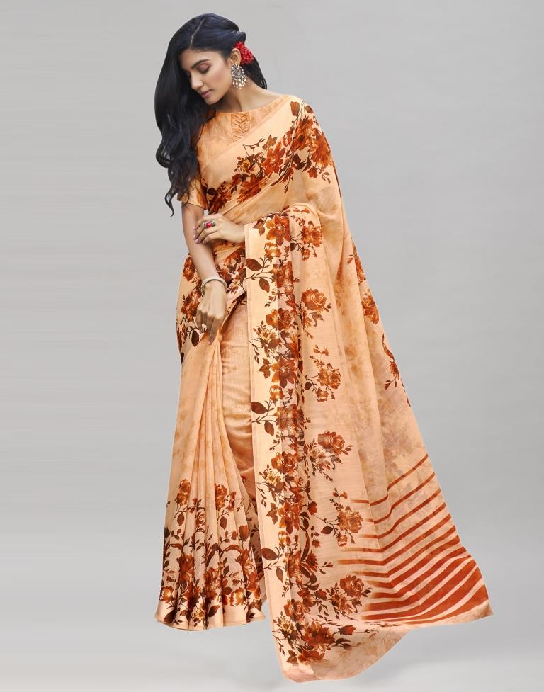 Peach Cotton Printed Saree | Sudathi