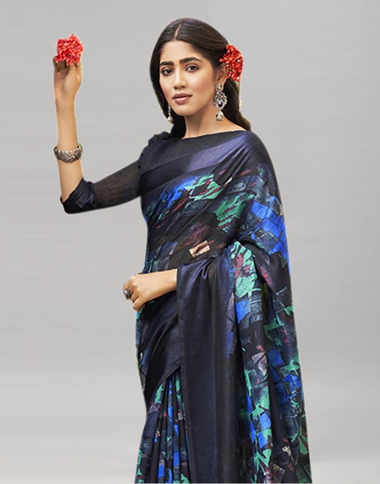 Navy Blue Cotton Printed Saree | Sudathi