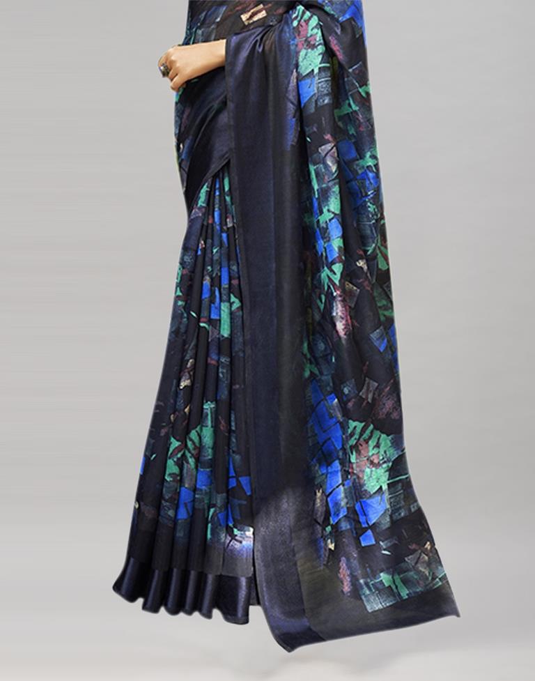 Navy Blue Cotton Printed Saree | Sudathi