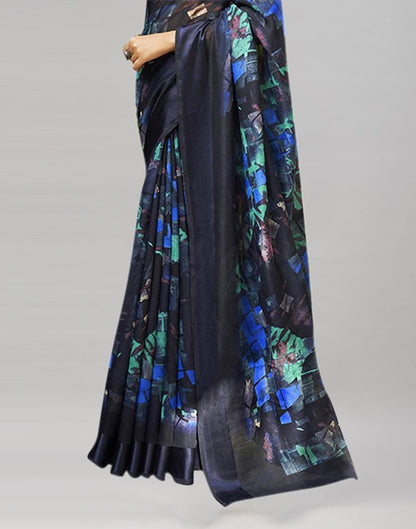 Navy Blue Cotton Printed Saree | Sudathi