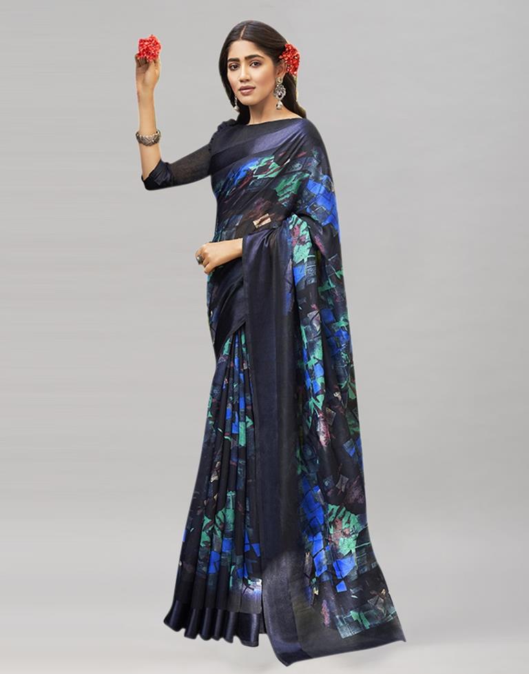 Navy Blue Cotton Printed Saree | Sudathi