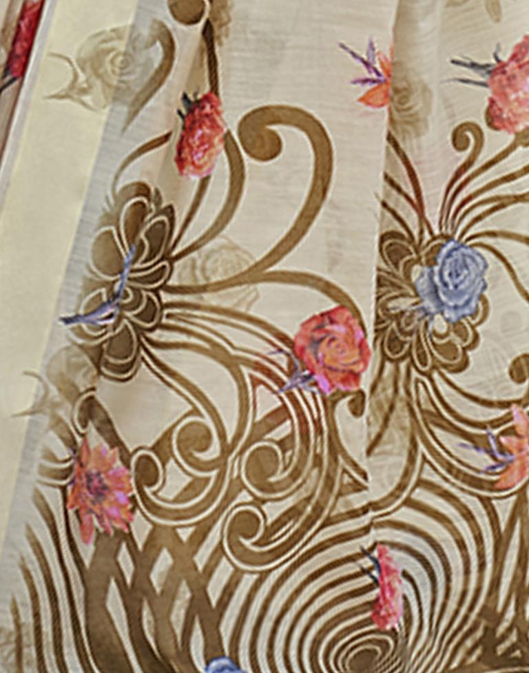 Beige Cotton Printed Saree | Sudathi