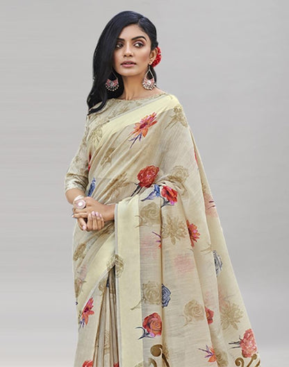 Beige Cotton Printed Saree | Sudathi