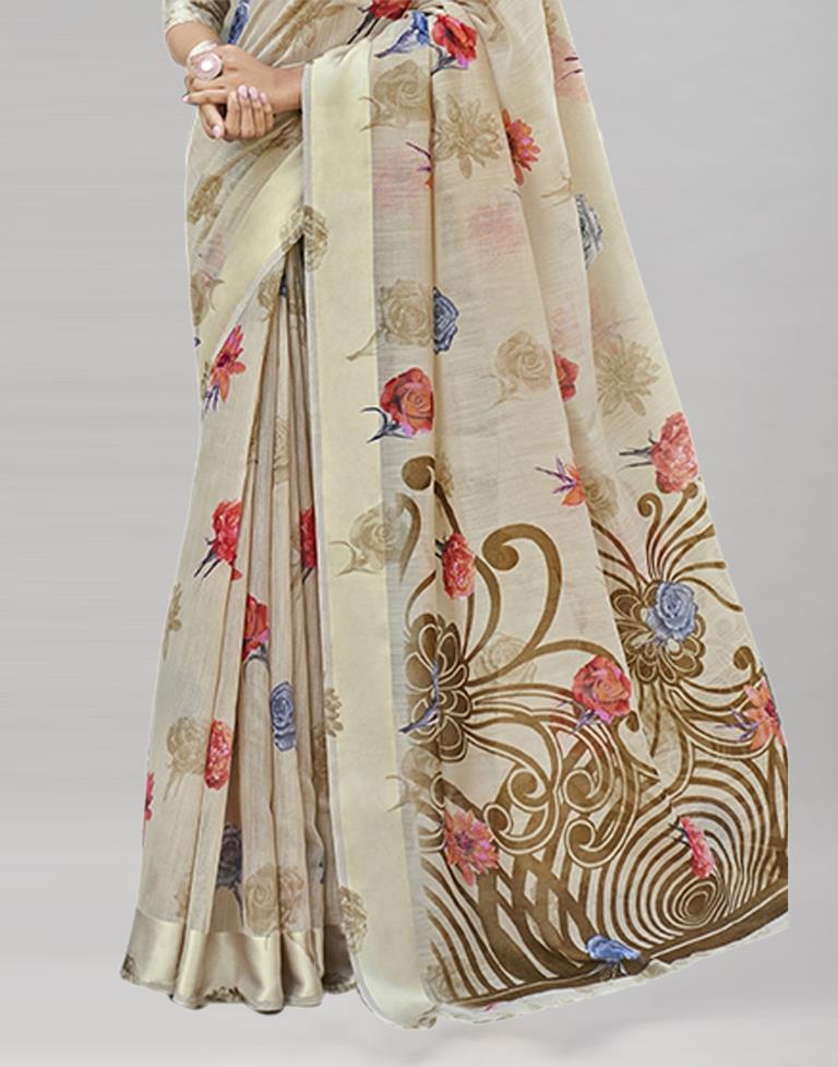 Beige Cotton Printed Saree | Sudathi