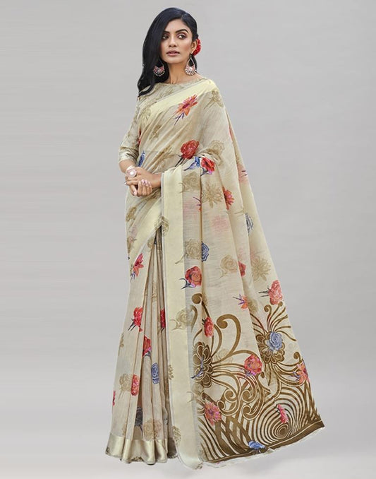 Beige Cotton Printed Saree | Sudathi