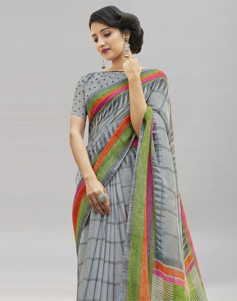 Grey Cotton Printed Saree | Sudathi