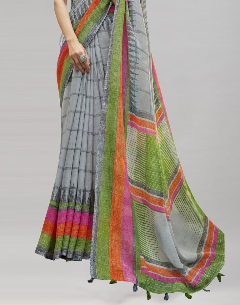 Grey Cotton Printed Saree | Sudathi