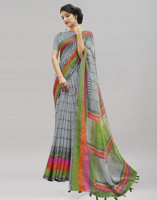 Grey Cotton Printed Saree | Sudathi