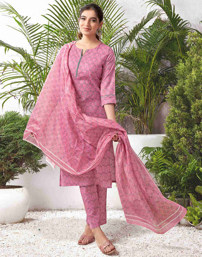 Dusty Pink Cotton Printed Straight Kurta Set With Dupatta