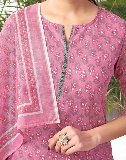 Dusty Pink Cotton Printed Straight Kurta Set With Dupatta