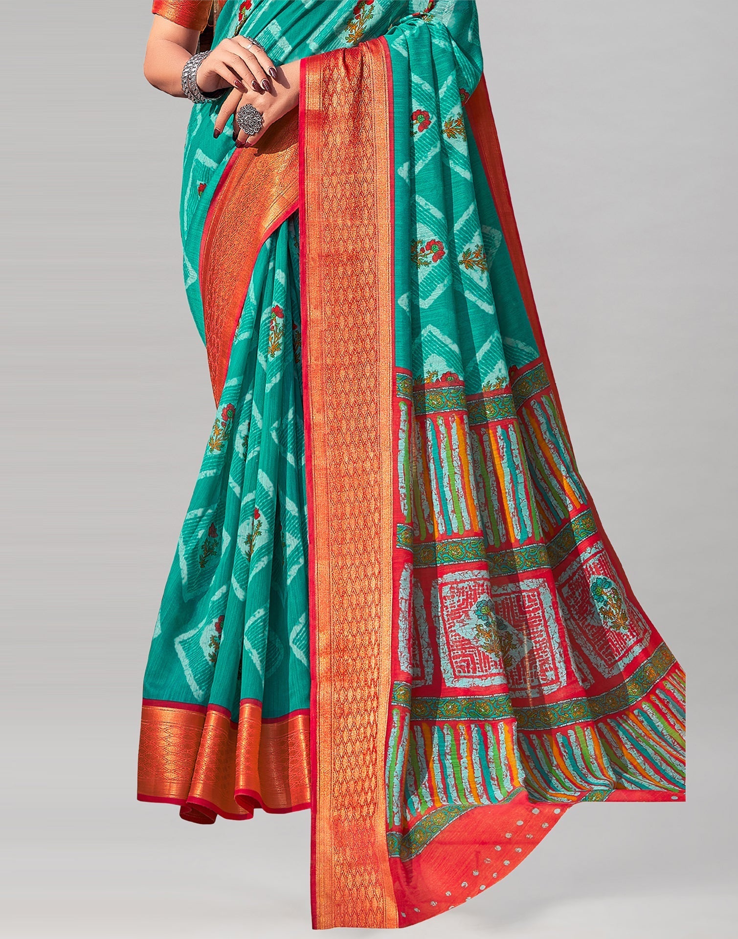 Teal Blue Cotton Printed Saree | Sudathi