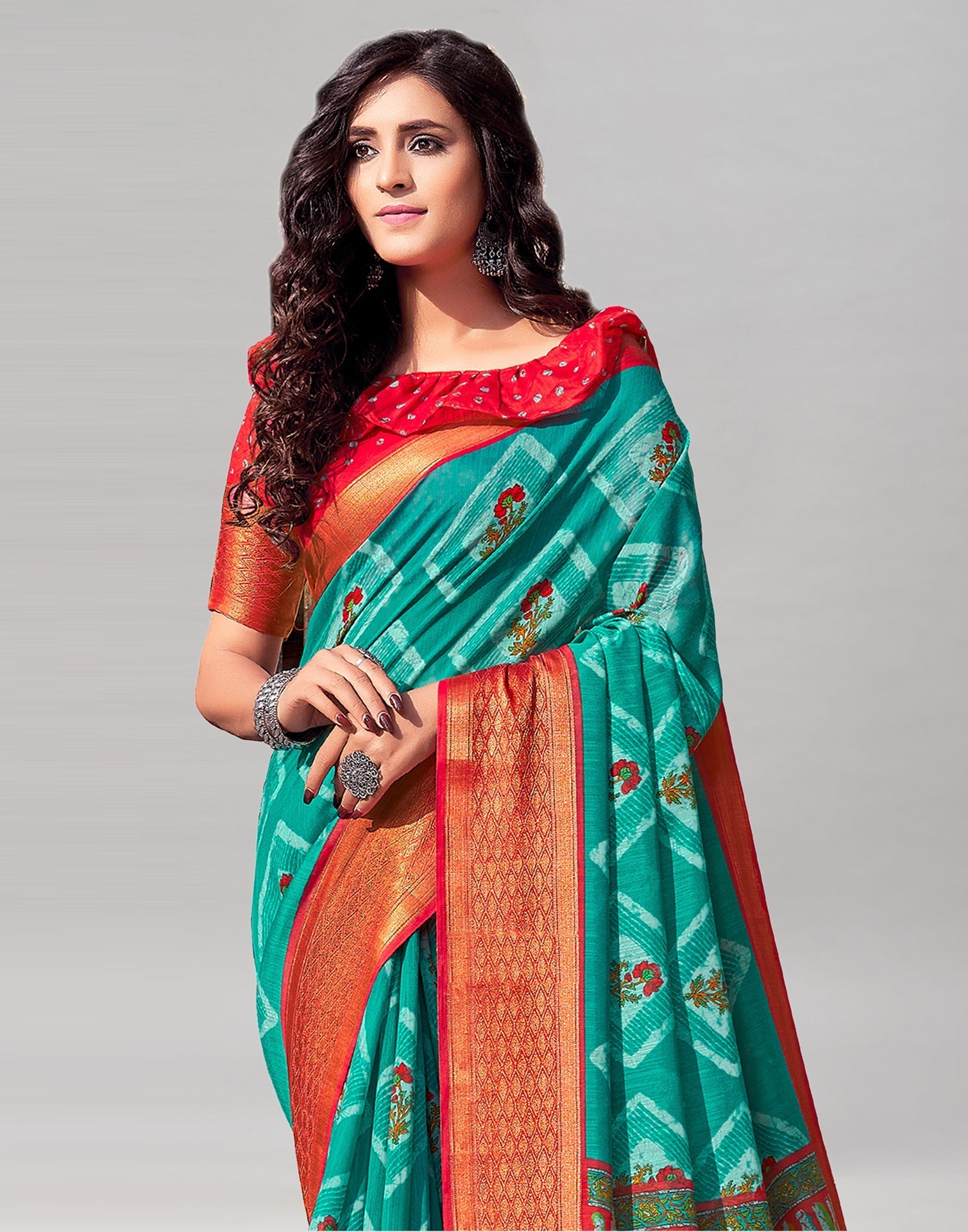 Teal Blue Cotton Printed Saree | Sudathi
