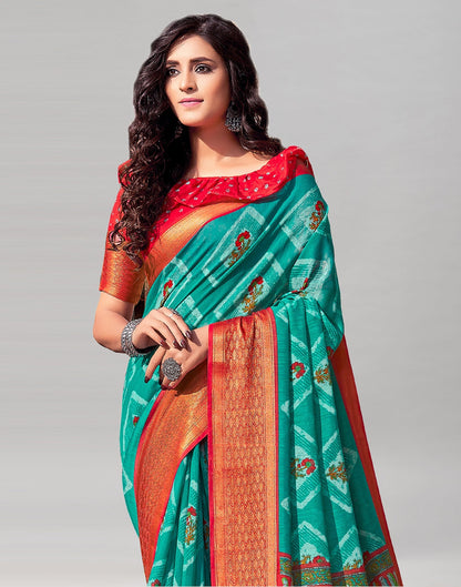 Teal Blue Cotton Printed Saree | Sudathi