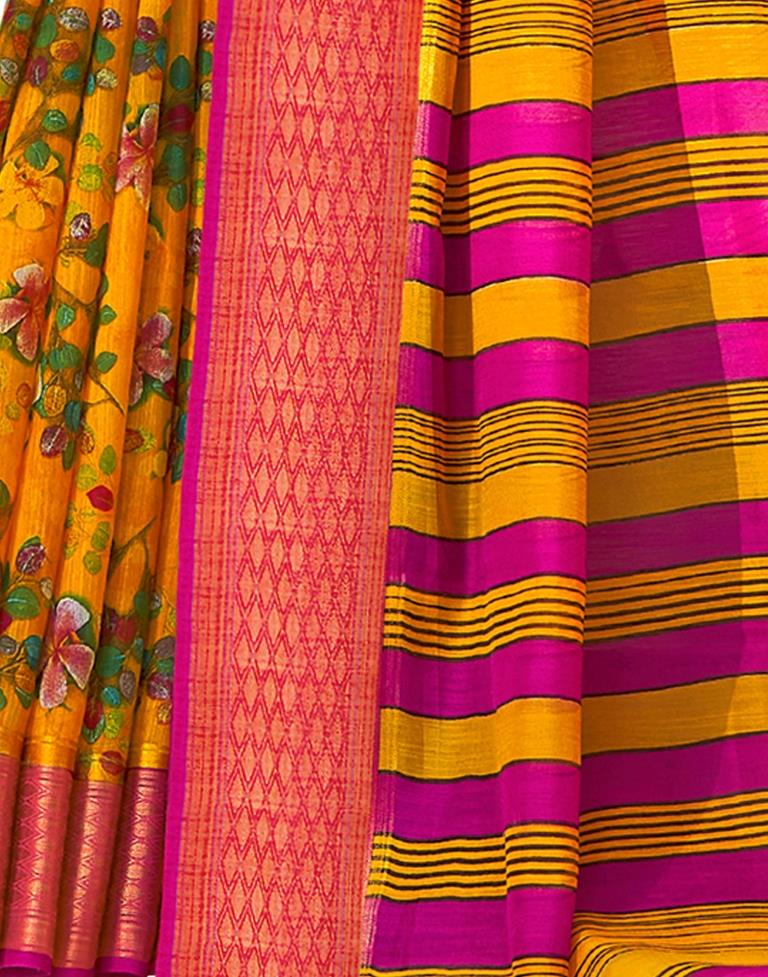 Turmeric Yellow Cotton Printed Saree | Sudathi