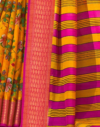 Turmeric Yellow Cotton Printed Saree | Sudathi