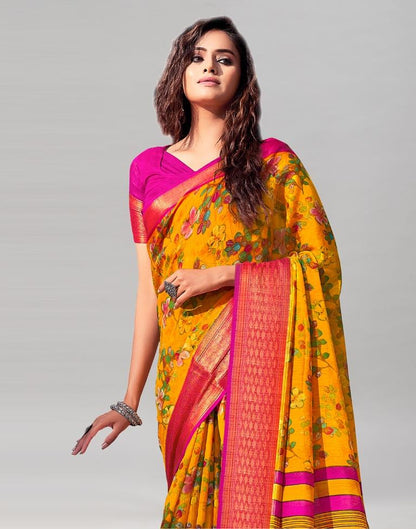 Turmeric Yellow Cotton Printed Saree | Sudathi