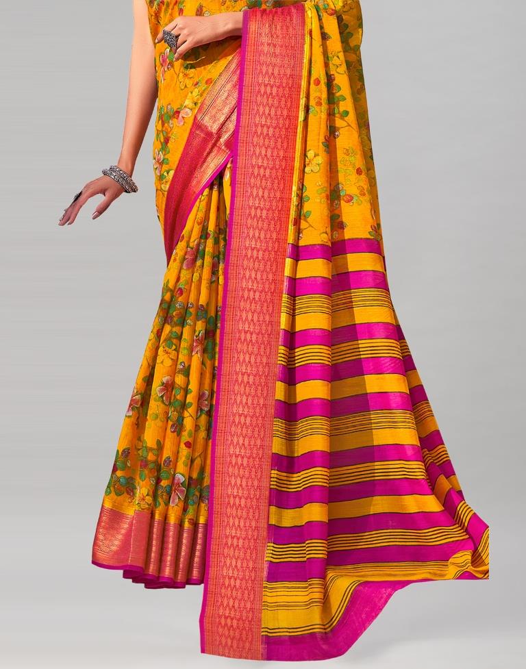 Turmeric Yellow Cotton Printed Saree | Sudathi