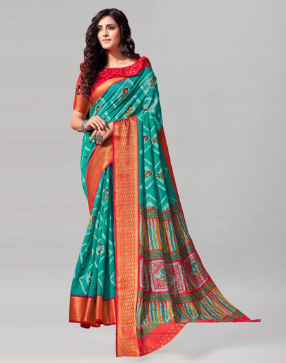 Teal Blue Cotton Printed Saree | Sudathi