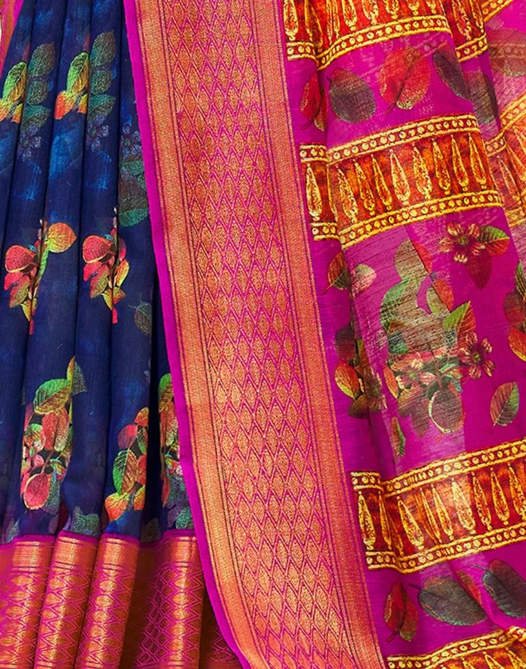 Navy Blue Cotton Printed Saree | Sudathi