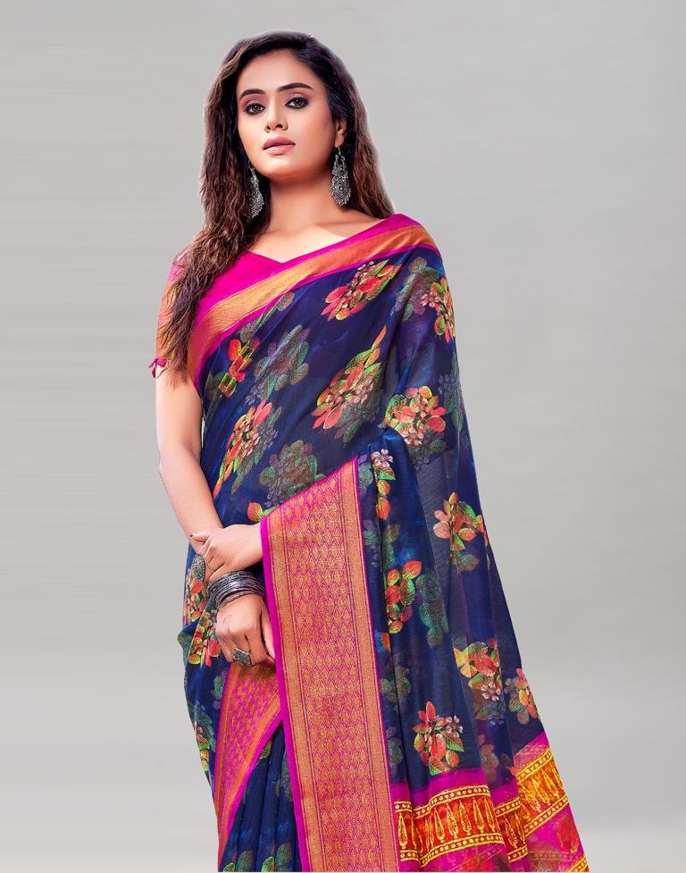 Navy Blue Cotton Printed Saree | Sudathi