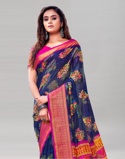 Navy Blue Cotton Printed Saree | Sudathi