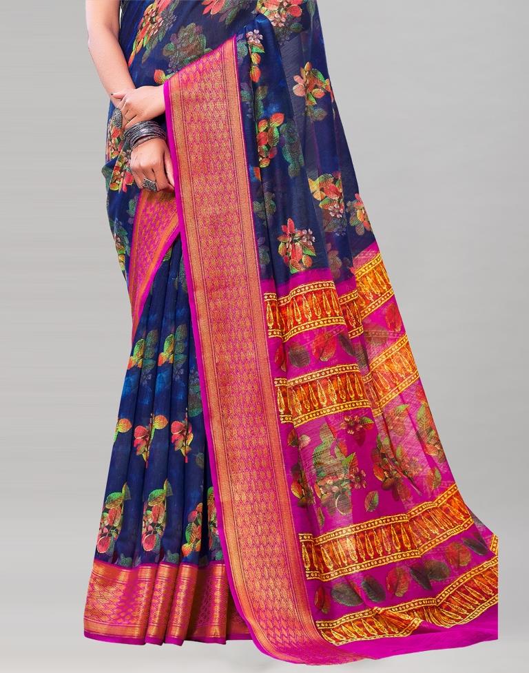 Navy Blue Cotton Printed Saree | Sudathi