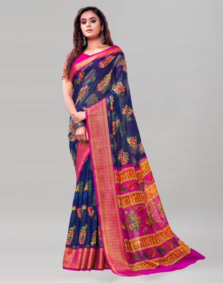 Navy Blue Cotton Printed Saree | Sudathi