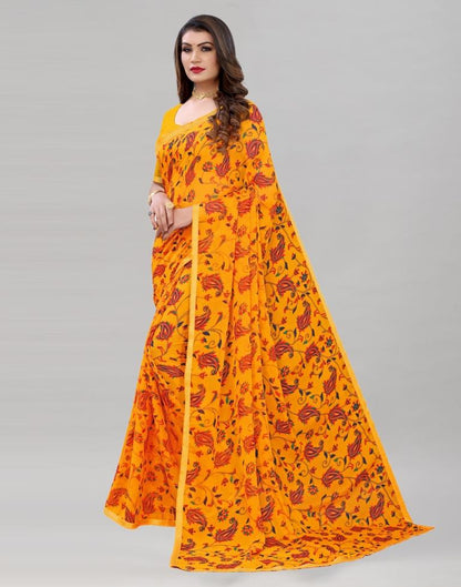 Turmeric Yellow Printed Chiffon Saree | Sudathi