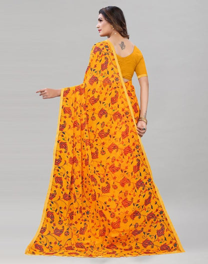 Turmeric Yellow Printed Chiffon Saree | Sudathi