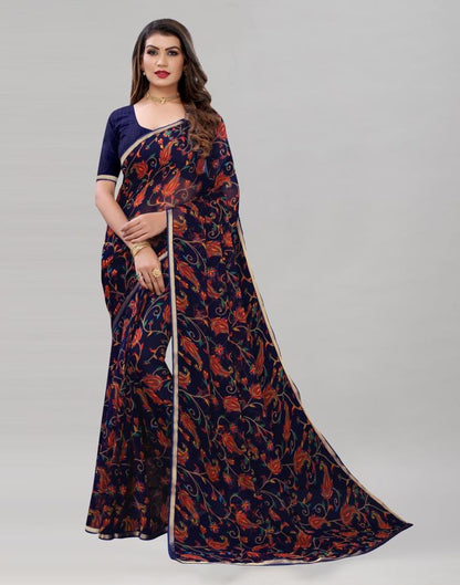 Navy Blue Printed Chiffon Saree | Sudathi