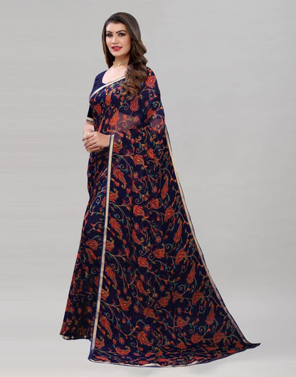Navy Blue Printed Chiffon Saree | Sudathi